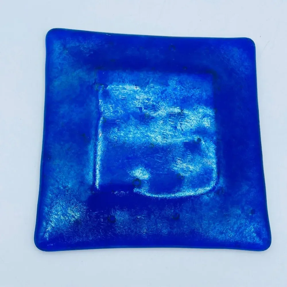 Dichroic Cobalt Blue Fused Glass Square Dish - Iridescent Rainbow Trinket Tray